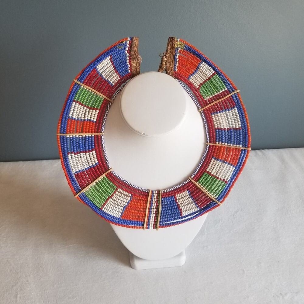 Vtg Handmade African Maasai Tribal Collar Bead Necklace Art Ceremonial - Picture 3 of 10